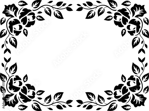 Image is a black and white decorative border design, featuring an intricate floral pattern. The layout is rectangular, with symmetrical floral motifs adorning each corner and the center of each side. 