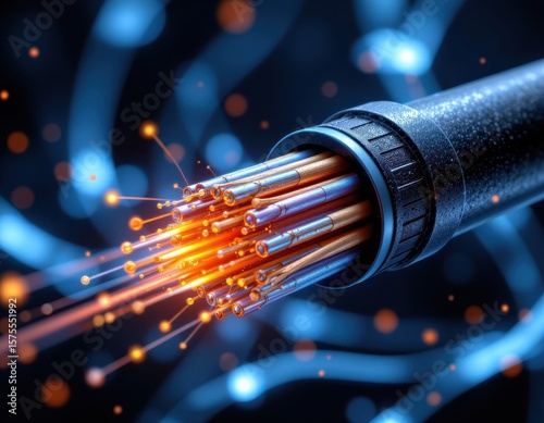 fiber optic cable internal structure showing core, cladding, buffer, aramid yarn, and outer jacket, light signals traveling through fibers, glowing in dark background, photorealistic render.
