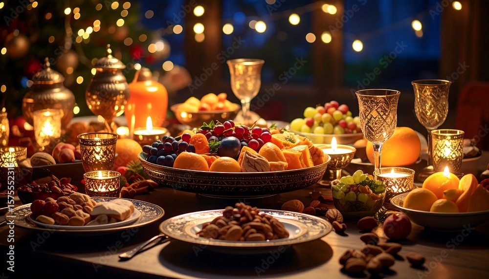Naklejka premium Festive fruit & nut platter, candlelit dinner scene