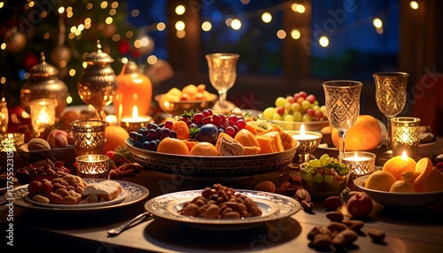 Festive fruit & nut platter, candlelit dinner scene