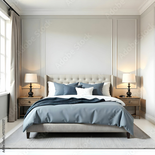 Wallpaper Mural Classic interior design bedroom beige gray and blue Interior of a bedroom with cushions isolated on the white background Torontodigital.ca