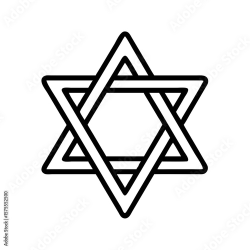 Star of David as a linear symbol of Judaism, with clean black lines and geometric shapes. Star of David represents Jewish identity, cultural heritage, and faith connection.