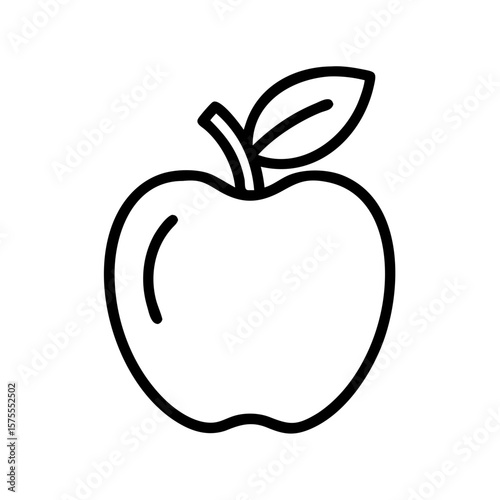 Simple apple outline with leaf on white background, showing minimalistic art. Black and white apple depiction includes fruit with stem.