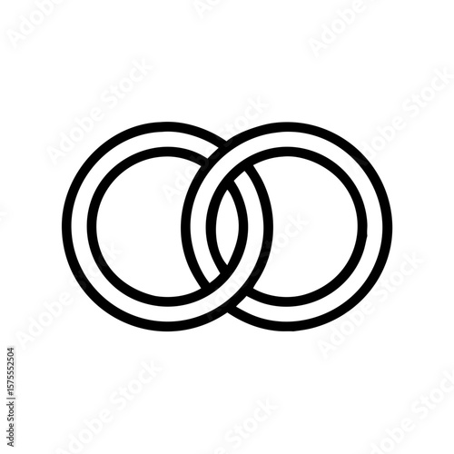 Two intertwined rings in simple graphic. Two intertwined rings, also called borromean rings, represent connection, unity, and infinite loops.