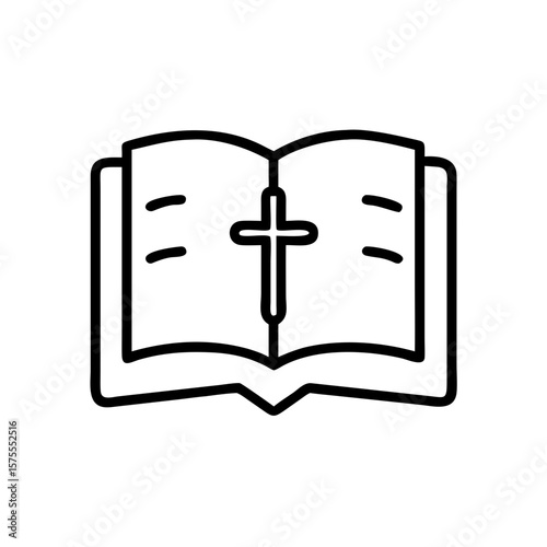 Open bible featuring a cross in simple black outline. Open bible icon depicts religious belief and spirituality with christian cross. Use open bible for church resources and faith based concepts.