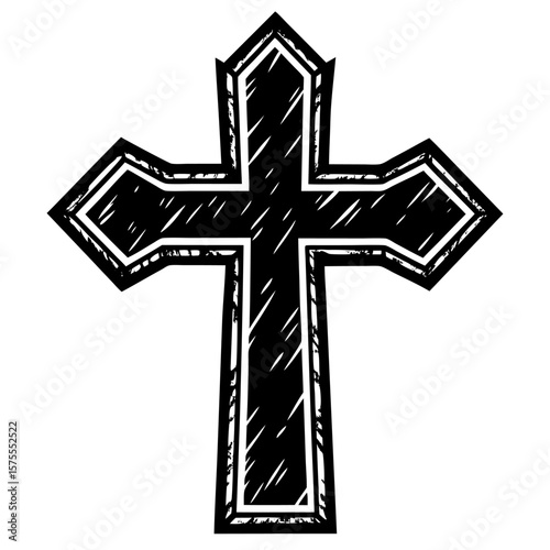 Vintage Black and White Cross Illustration with Rustic Details
