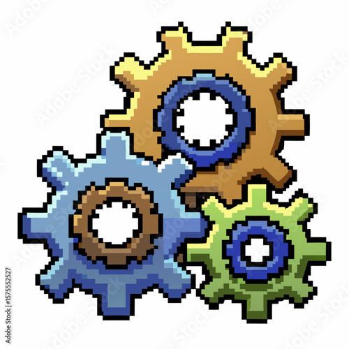 Colorful Pixel Art Gears Interlocking for Digital Technology Design Inspiration