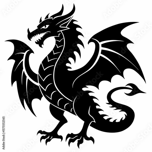Black Silhouette of a Mythical Dragon with Intricate Wing Patterns