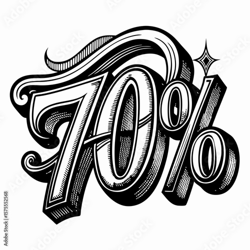 Vintage 70% Typography Design with Elegant Swirls and Artistic Style