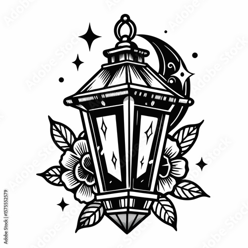 Vintage Lantern with Floral and Celestial Elements in Black and White Tattoo Design