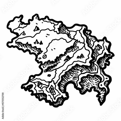 Detailed Hand drawn Map Illustration of Mountainous Terrain