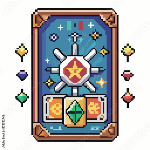 Pixel Art Fantasy Tarot Card Design with Gemstones and Astrological Icons