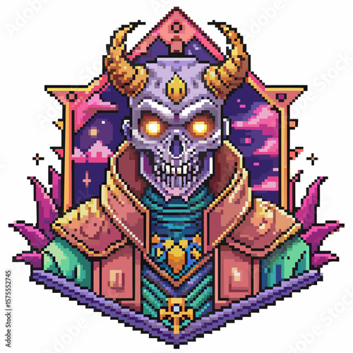 Pixel Art Fantasy Skull Demon Character with Glowing Eyes and Horns