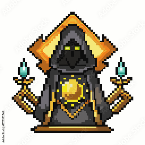 Mysterious Pixel Art Hooded Figure with Candles   Retro 8 Bit Style Dark Fantasy Artwork