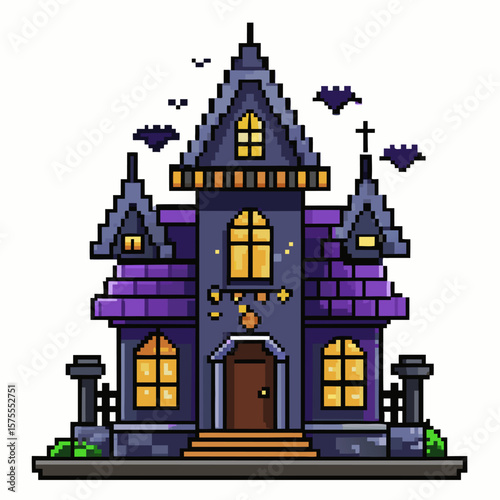 Pixel Art Haunted House with Bats at Night   Spooky Halloween Illustration
