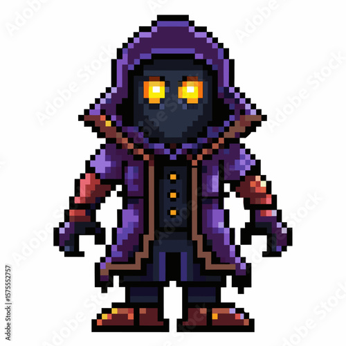 Mysterious Pixel Art Character in Hooded Cloak with Glowing Eyes   Retro 8 Bit RPG Sprite