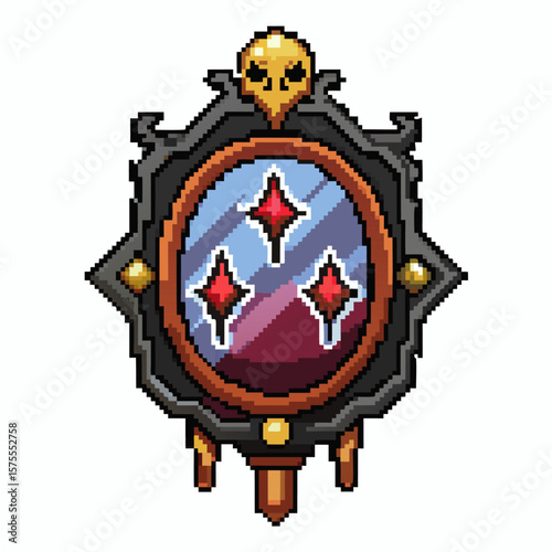 Pixel Art Fantasy Shield with Ornate Details and Reflective Gems