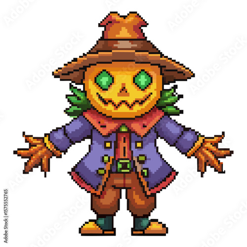 Pixel Art Scarecrow with Pumpkin Head and Colorful Outfit   Retro Game Character Design