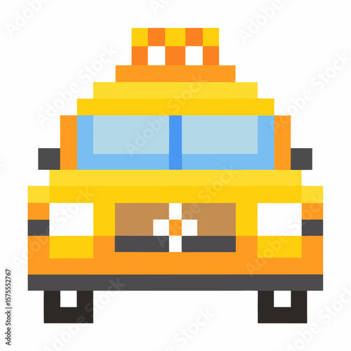 Pixel Art Yellow Taxi Icon in Retro 8 Bit Style on White Background