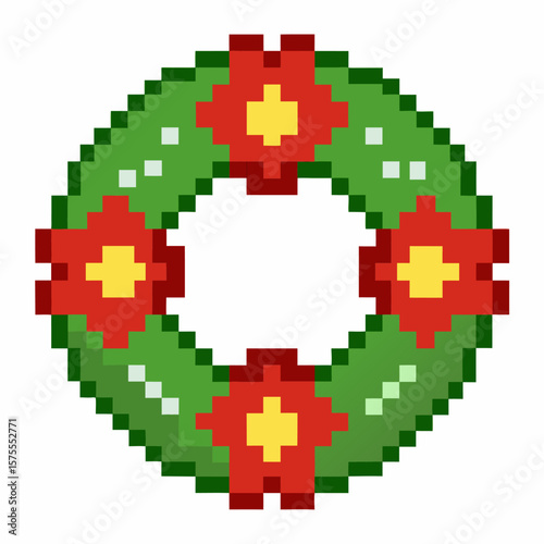 Pixel Art Christmas Wreath with Red Flowers and Green Leaves on White Background