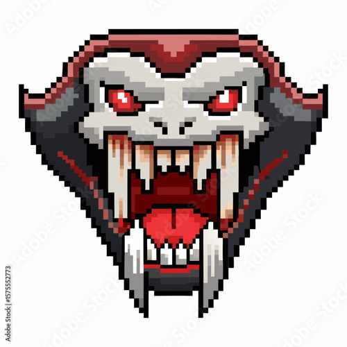 Pixel Art Vampire Skull with Fangs and Glowing Red Eyes in Retro Gaming Style