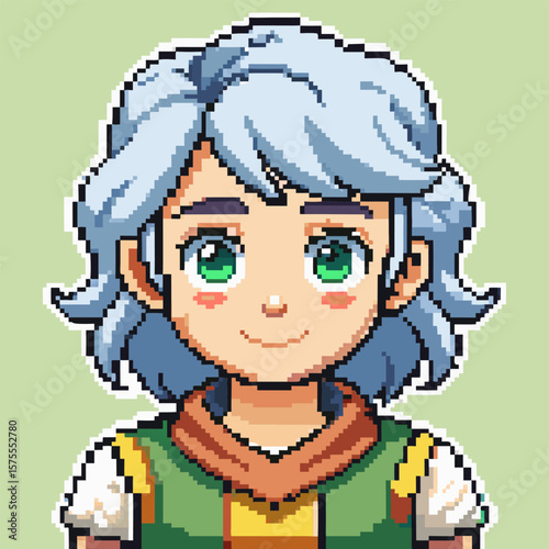 Charming Pixel Art Character with Blue Hair and Green Eyes on Green Background