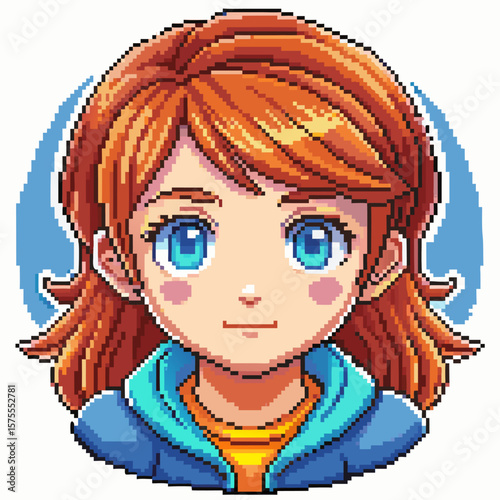 Pixel Art Girl Character with Red Hair and Blue Eyes in Hoodie   Retro Style Digital Illustration
