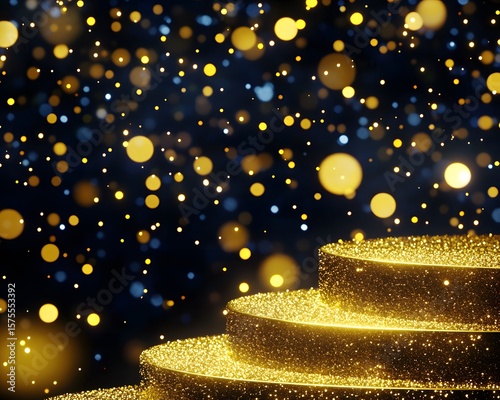 Glittering Golden Stage Podium with Sparkling Bokeh Background