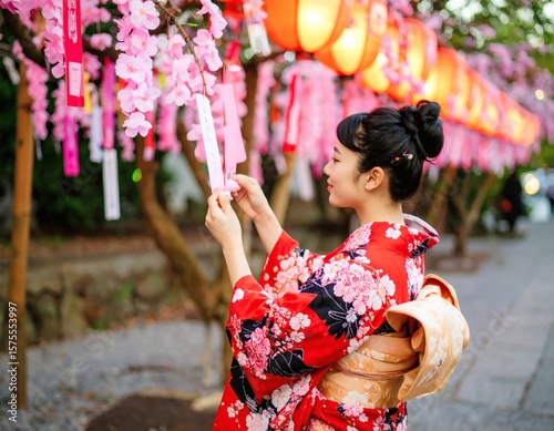 glowing bamboo trees with colorful paper wishes 