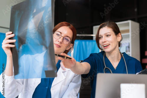 Doctor team, analysis examination results and medication usage of the patient on the chart, medical check-up concept.