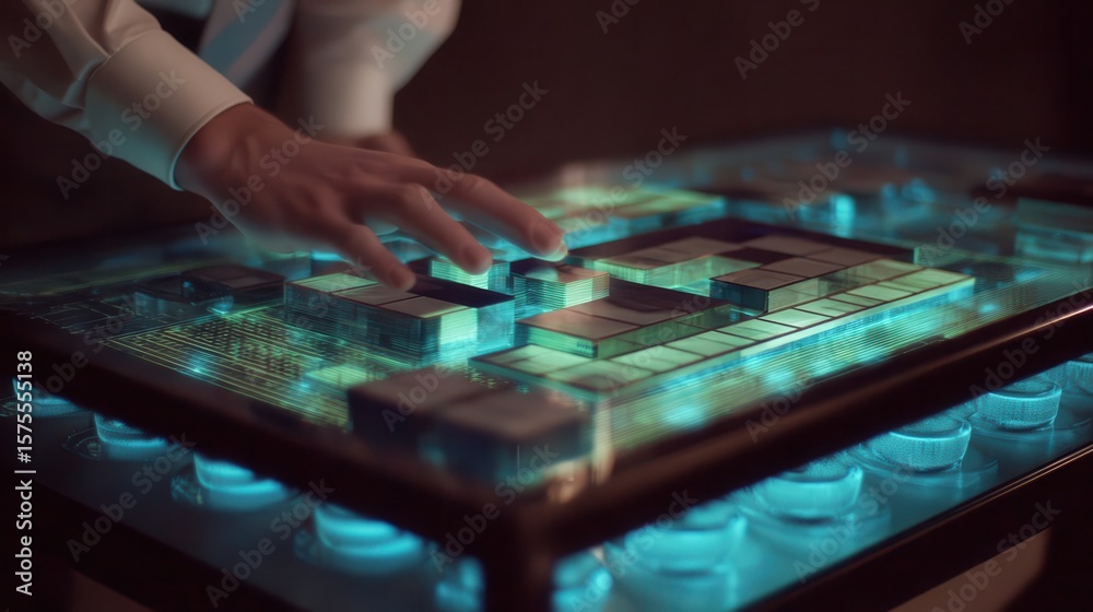 Naklejka premium A hand interacts with a glowing, interactive puzzle table.