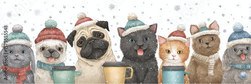 Vector illustration. Dogs and Cats wearing cute Christmas accessories, watercolor paint
