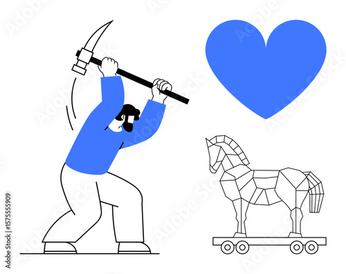 Person swings pickaxe near geometric trojan horse and blue heart. Ideal for labor, passion, creativity, deception, technology, determination, simple landing page