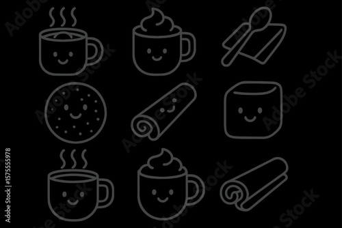 Cute coffee and dessert icons featuring smiling hot drinks and sweet treats
