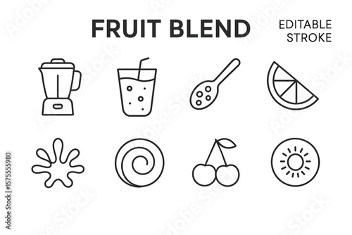 Fruit blend icons set: blender, juice, spoon, citrus, and more
