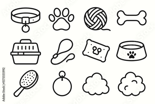 Pet accessories outline icons: collar, toy, paw, bone, bowl, carrier, leash