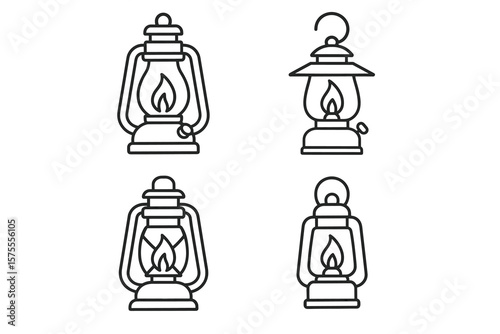 Set of different vintage kerosene lantern line icons in black and white