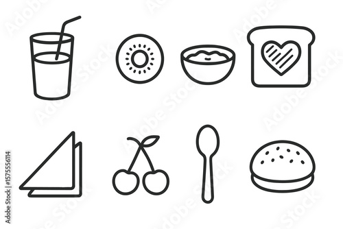 Line art icons of juice, kiwi, porridge, bread, napkin, cherries, spoon, and burger