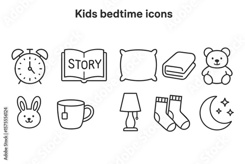 Kids bedtime icons: clock, storybook, pillow, blanket, bear, bunny, mug, lamp, socks, moon