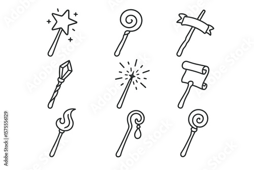 Black and white magic wands: star, spiral, scroll, and more