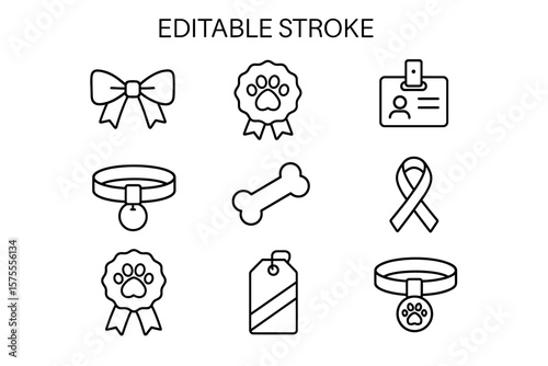 Pet care icons set: bow, medals, id, collar, bone, ribbon, tag