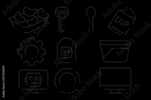 Vector style icons of snacks, technology, and miscellaneous items