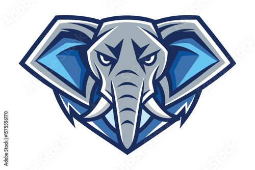 Gray elephant sports mascot illustration with blue accents displays a determined and fierce expression