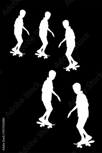 Boys ride skateboard vector silhouette illustration isolated. Child play with friends favorite toy, outdoor summer activity. Skate board urban transportation. Son enjoy driving skate on street shape.