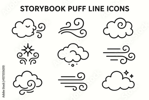 Storybook puff line icons of clouds and wind in simple black outline designs