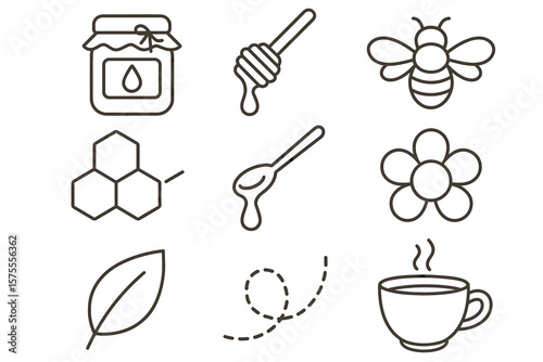 Line art icons: honey jar, dipper, bee, honeycomb, flower, leaf, teacup
