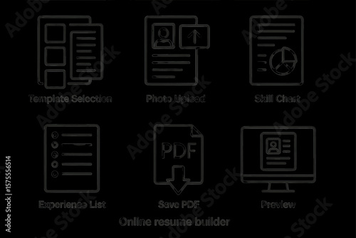 Online resume builder icons: template, photo, skills, experience, pdf, preview