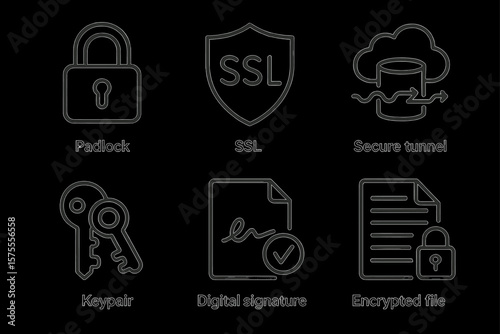 Cybersecurity icons: padlock, ssl, secure tunnel, keypair, digital signature, encrypted file