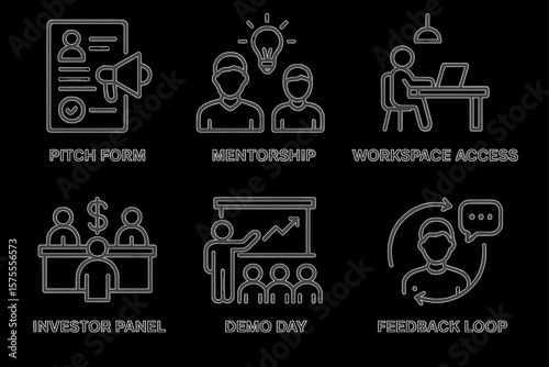 Startup incubation icons: mentorship, workspace, investor panel, demo day, feedback loop