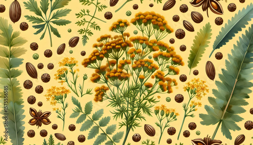 Wallpaper Mural Herbal Botanical Wallpaper with Tansy and Anise Spices.
Vintage Herb and Spice Pattern for Kitchen Backgrounds.
Natural Green and Yellow Botanical Seamless Pattern Design.
 Torontodigital.ca